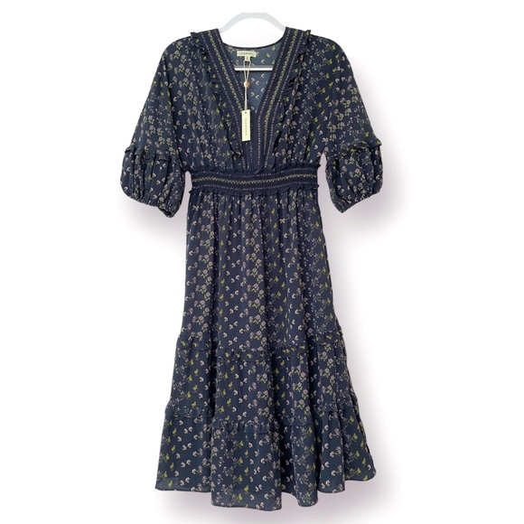 Max Studio Crepe Empire Waist Dress 3/4 Tiered Bubble Sleeves V-Neck Layered - Picture 4 of 13